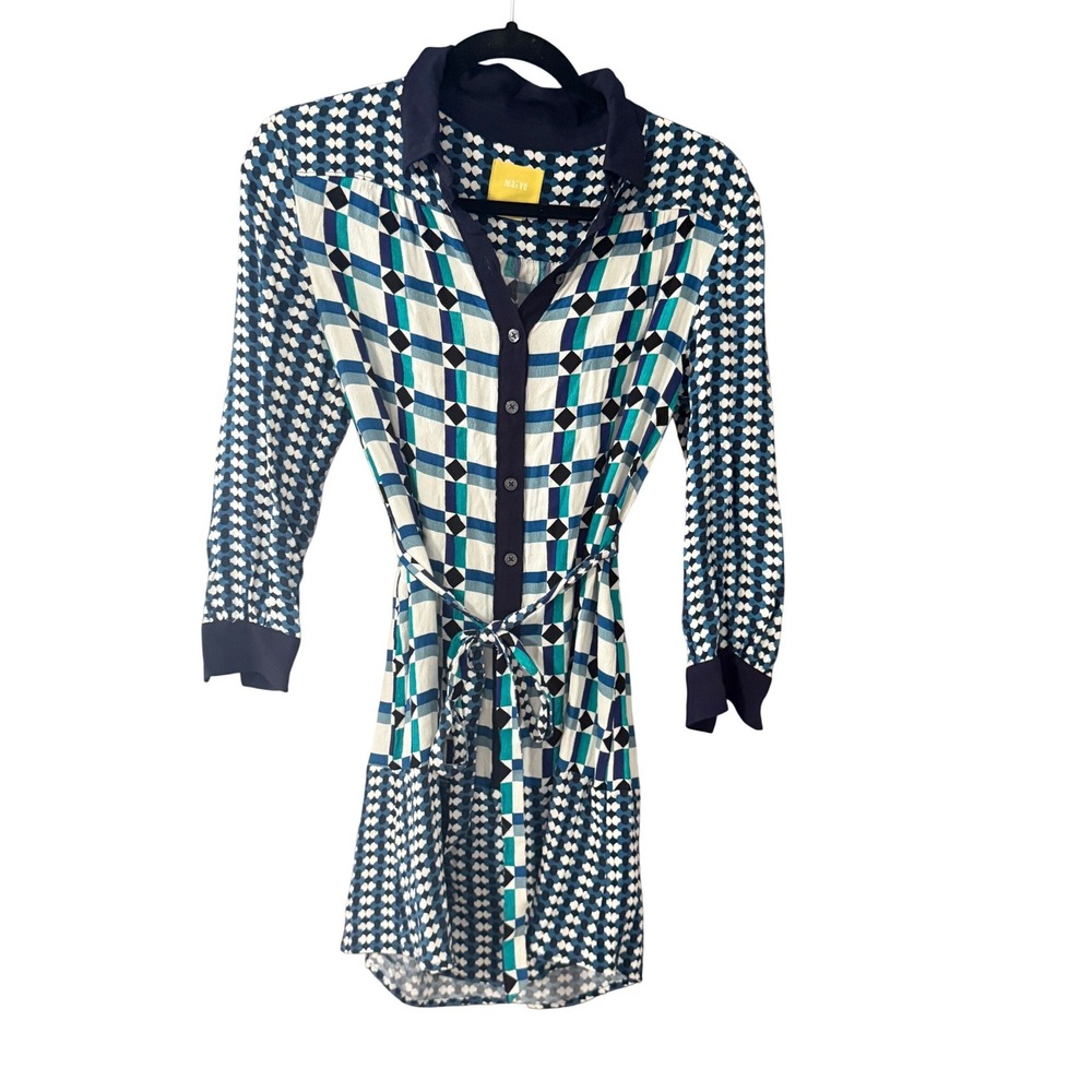 Maeve Anthropologie Blue Geometric Mixed Print Button Front Shirt Dress Size 2